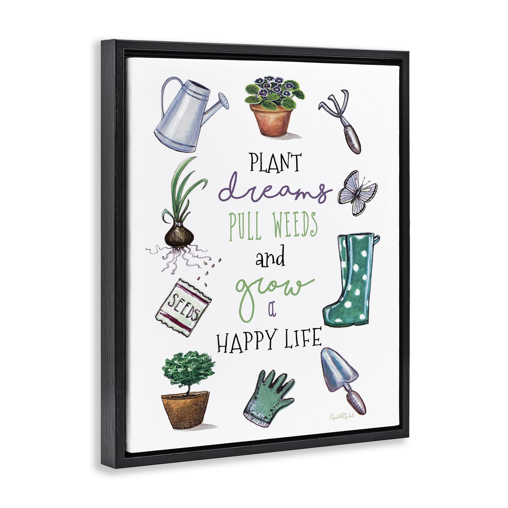 Stupell Industries Grow a Happy Life Botanical & Floral Painting Black Floater Framed Art Print Wall Art, 17 x 21