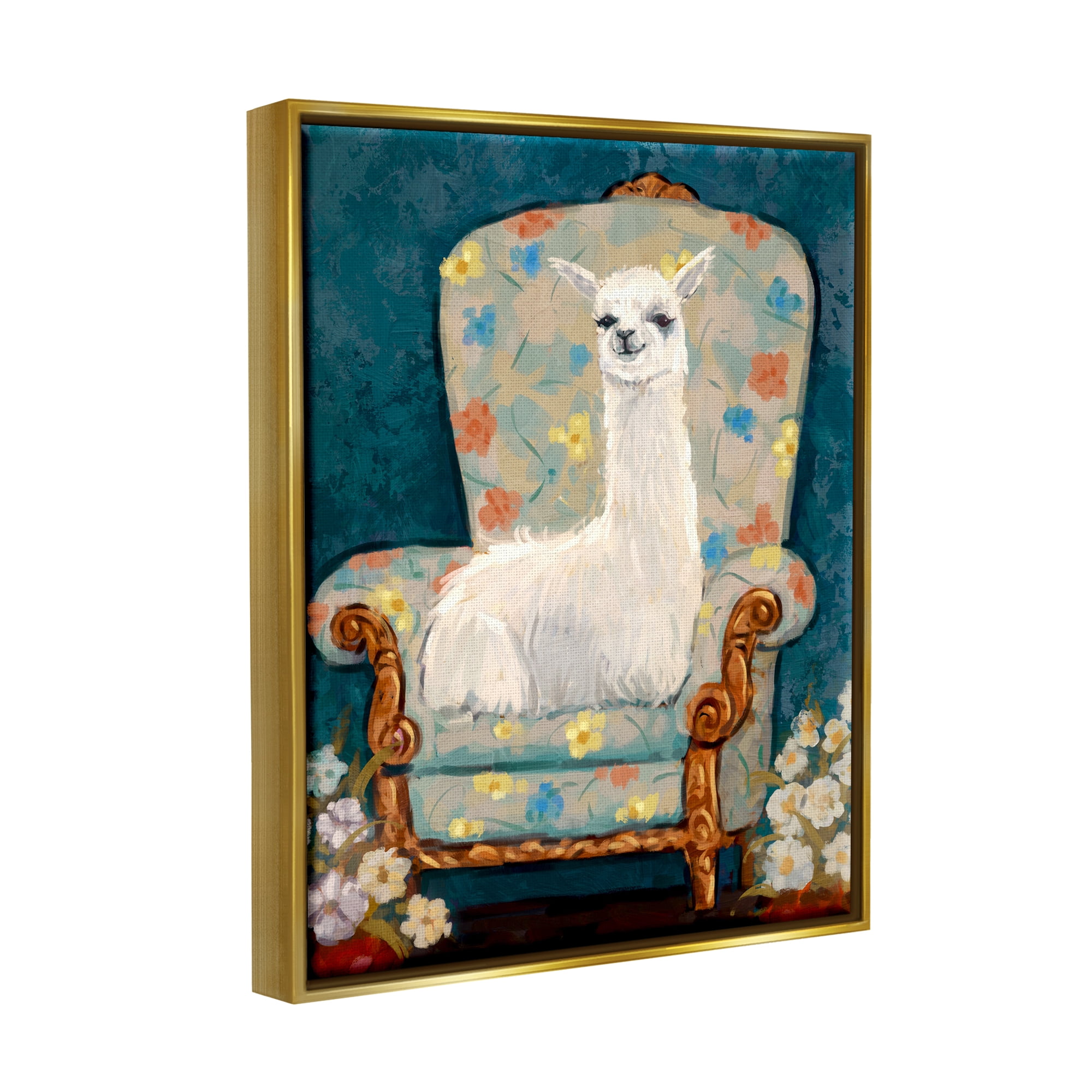 Stupell Industries Llama on Floral Armchair Animals & Insects Painting Gold Floater Framed Canvas Art Print Wall Art, 25 x 31