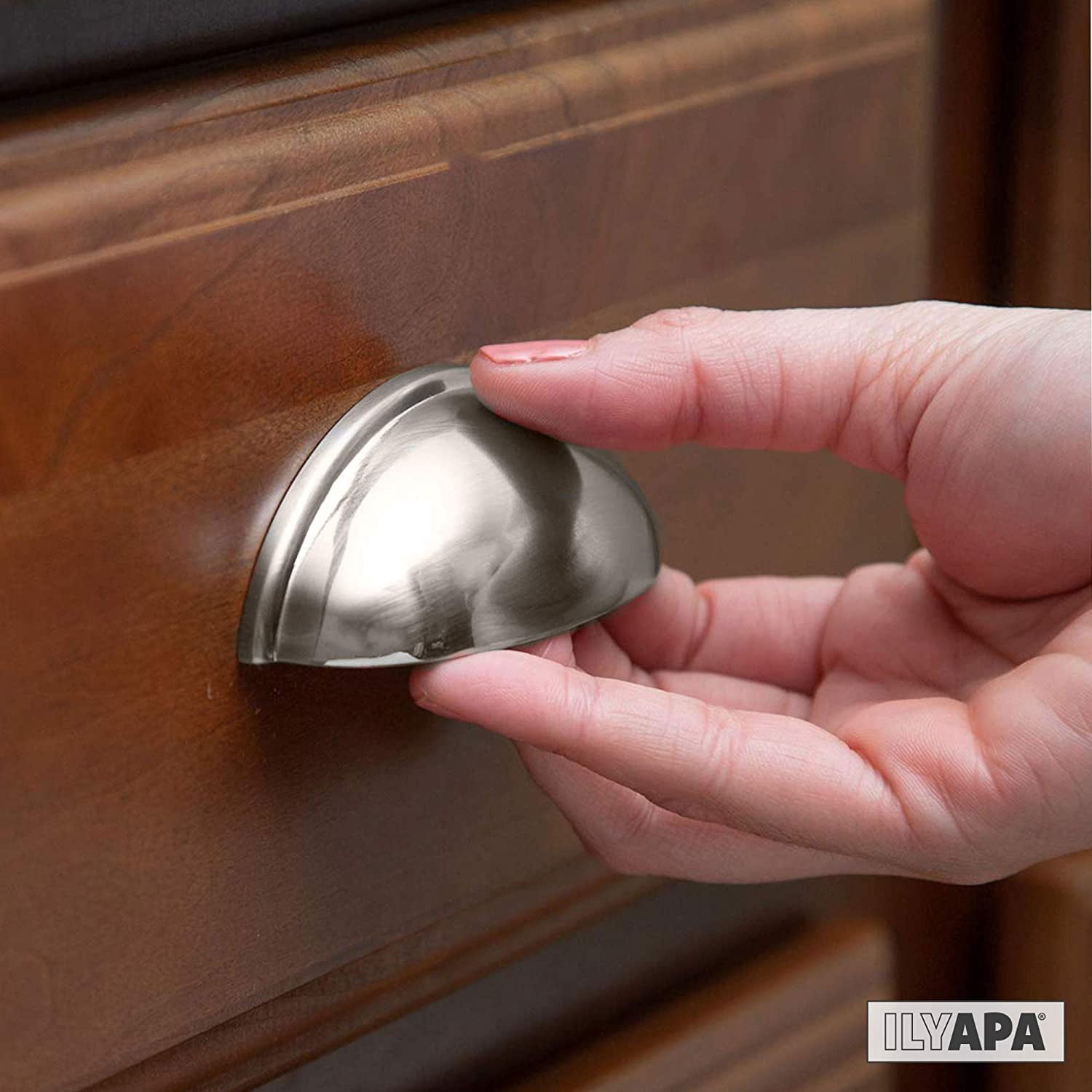 Ilyapa Satin Nickel Kitchen Cabinet Pulls - 3 Inch Hole Center Bin Cup Drawer Handles - 10 Pack of Kitchen Cabinet Hardware - New Design ?