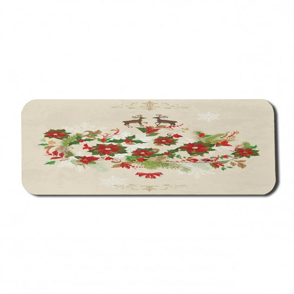 Christmas Computer Mouse Pad, Noel Themed Motif of Poinsettia Flowers and Holly Berries with Deer Ribbon, Rectangle Non-Slip Rubber Mousepad Large, 31" x 12" Gaming Size, Multicolor, by Ambesonne