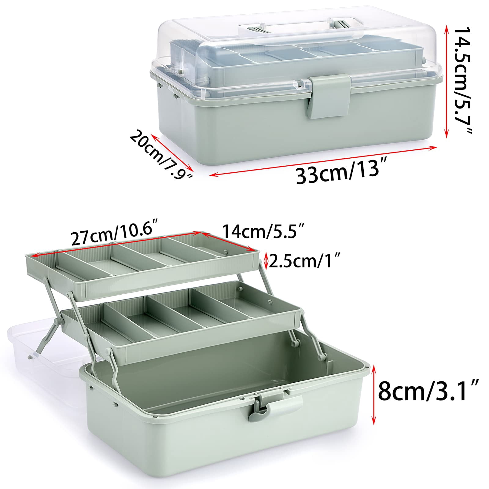 3-Layer Plastic Dividing Storage Box Craft Organizer and Storage with Adjustable Spacers Portable Handled Art Supply Organizer Multipurpose Home Utility Box for Medicine Sewing(Haze Green)