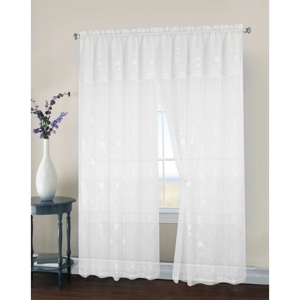 2 Pack, Regal Home Collections Malta Embroidery Sheer Curtain Panel Pair with Attached Valance