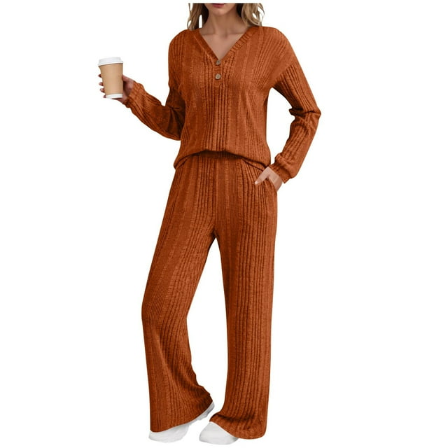 UAMVSH Womens Lounge Sets 2 Piece Outfits Soft Long Sleeve Ribbed Knit Tops and Pants Set Button V Neck Casual Sweatsuits with Pockets