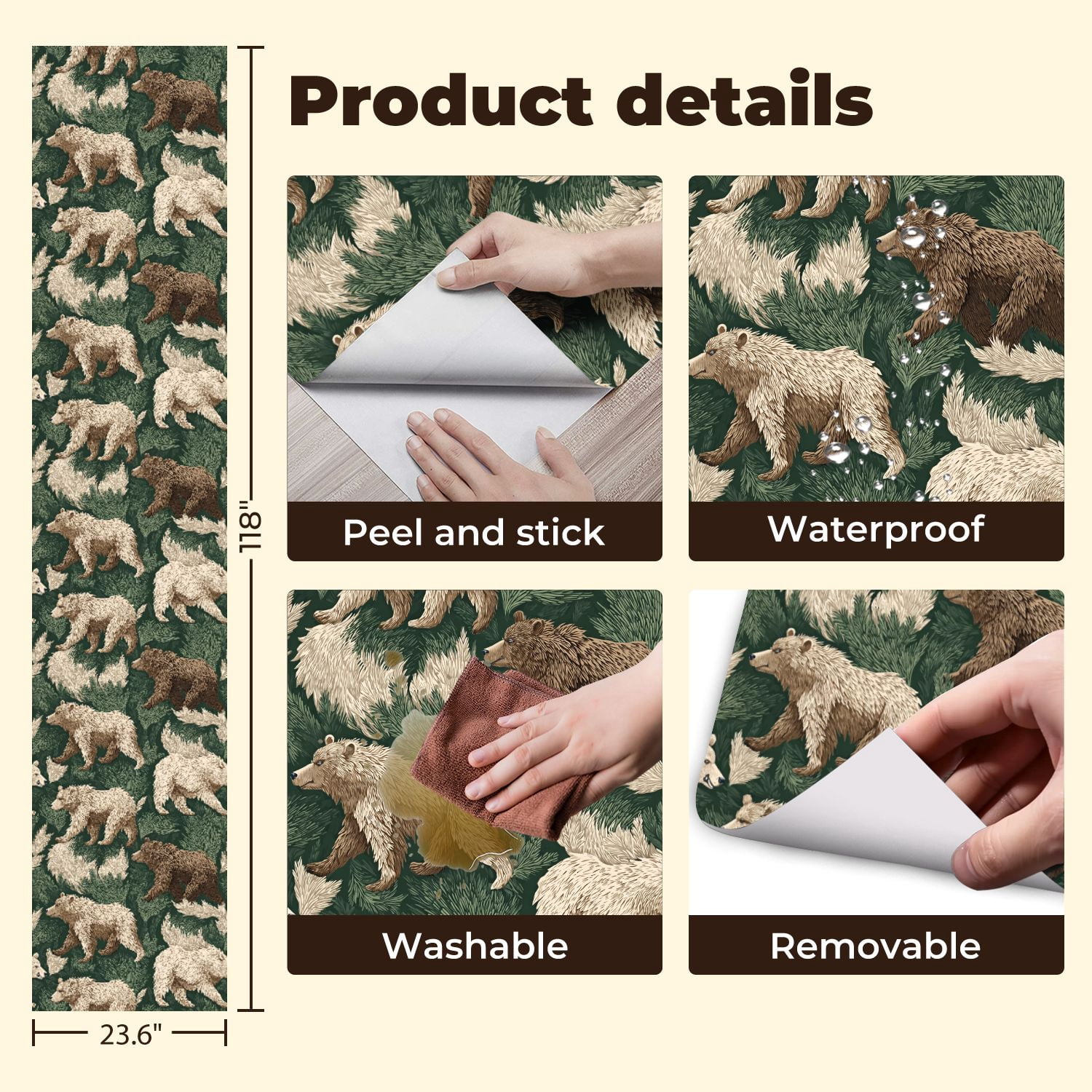 Peel and Stick Wallpaper Woodland Bear Fur Green Foliage Hunting Wildlife Vintage Wall Mural 23.6in x 9.8ft Self Adhesive Removable Wall Paper Renter Friendly Wallpaper for Nursery Bedroom Cabinets