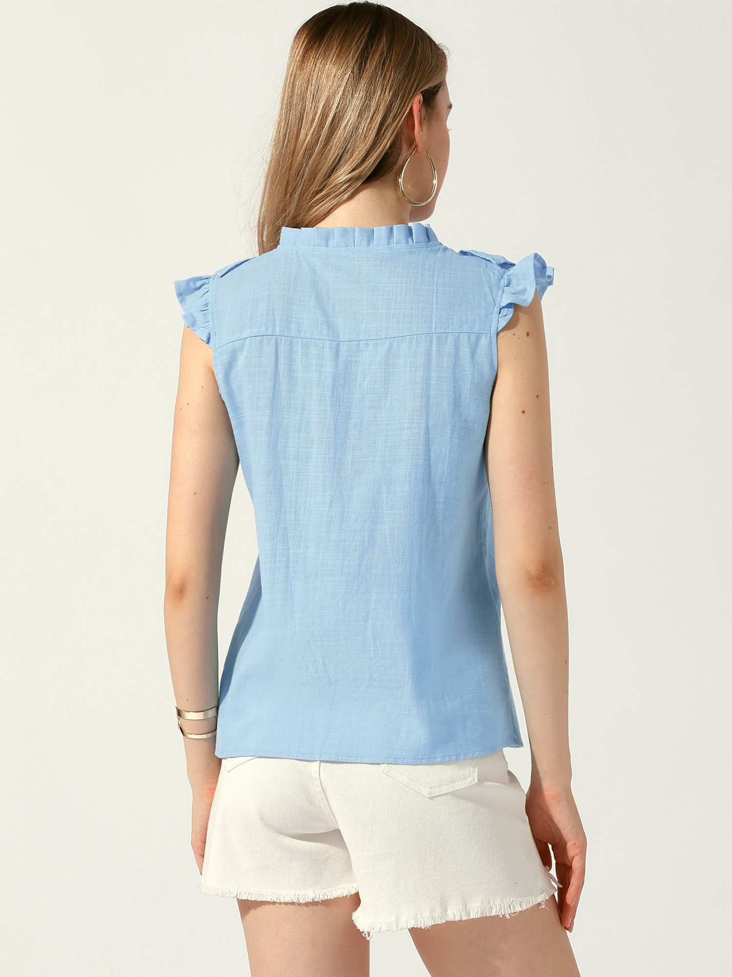 DARING DIVA Women's Ruffle Blouse Crew Neck Sleeveless Blouses M Sky Blue