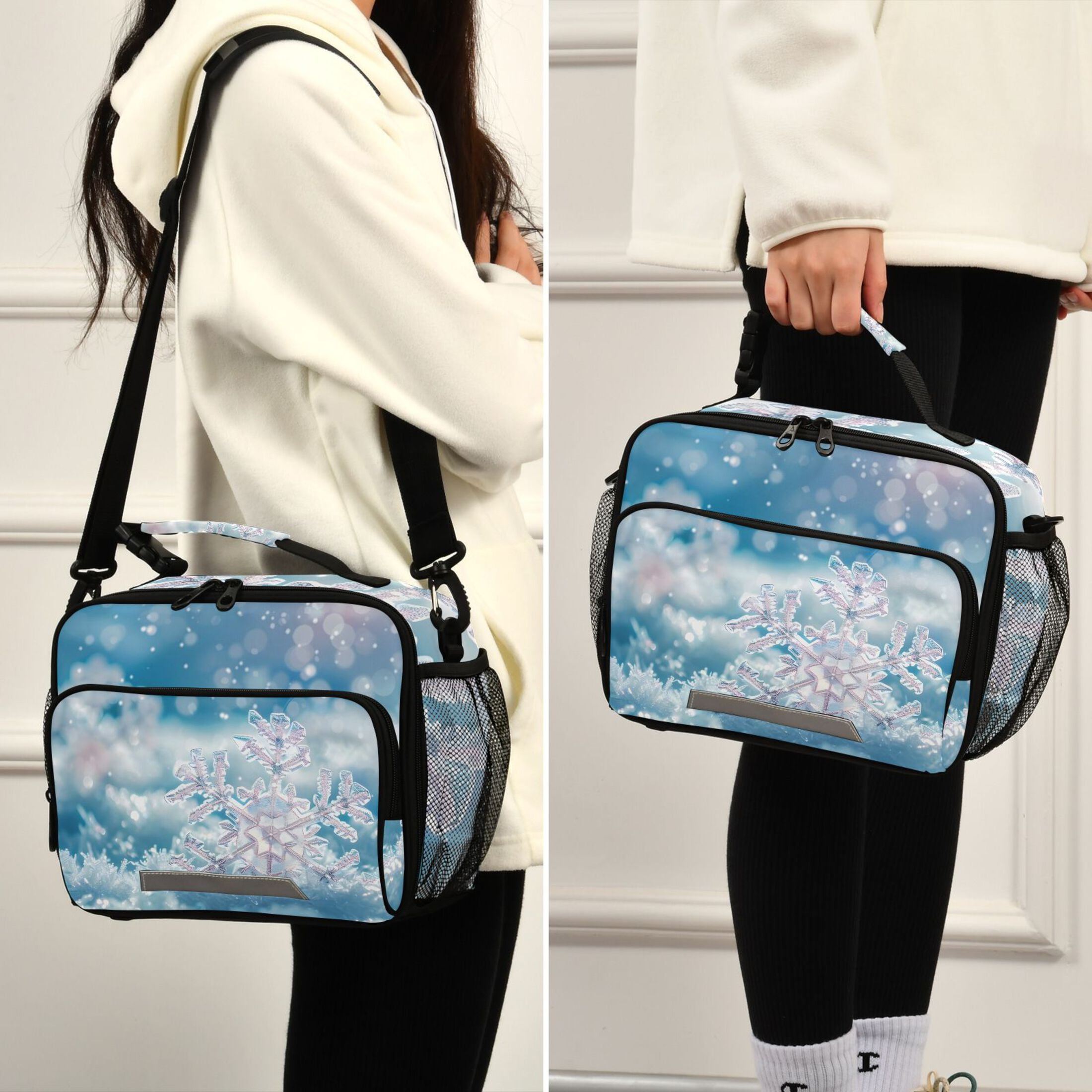 ALAZA Snowflakes Christmas Lunch Box Insulated Cooler Bag Reusable Tote Bags Shoulder Strap