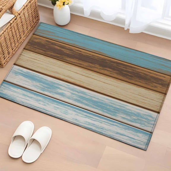 2x3 Ft Entryway Area Rug, Blue Brown Kitchen Rug Runner Washable Floor Mat, Farmhouse Rustic Wooden Plank Board Non Slip Indoor Door Mat Throw Carpet for Bathroom Living Room Bedroom