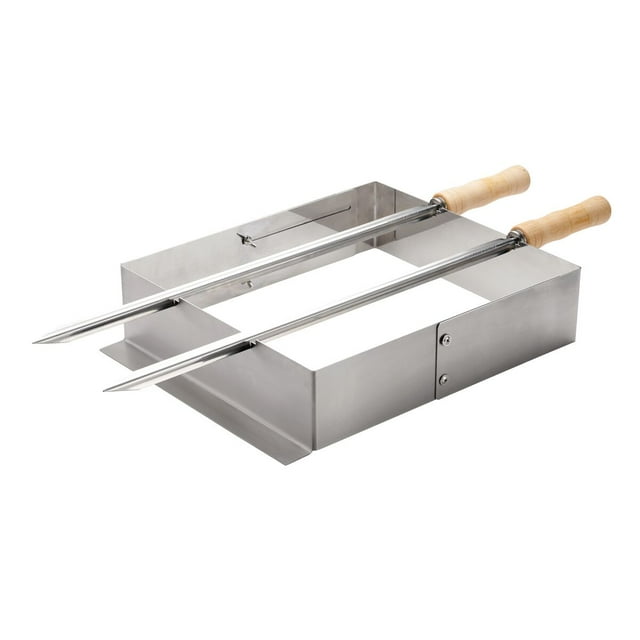 Tramontina Churrasco BBQ Stainless Steel Skewer and Grill Rack Set with Wood Handles. The set includes a stainless steel skewer support and two skewers with sustainable wood handles. The skewers are ideal for roasting sausages, meats, or vegetables. Made in Brazil with a brushed stainless steel finish, the set is durable, easy to clean, and features stainless steel screws and wingnuts for secure assembly.