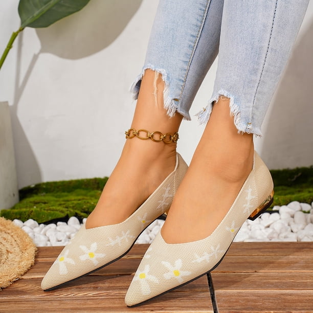 cute dress flats SACFOF Womens Knit Ballet Pointed Toe Slip On Shoes Daisy Pattern Comfortable Flats for Office, Travel, Walking & Everyday Wear wedge shoes Color:Black with White Cording Formal dress Eoss-26 Proof that you can