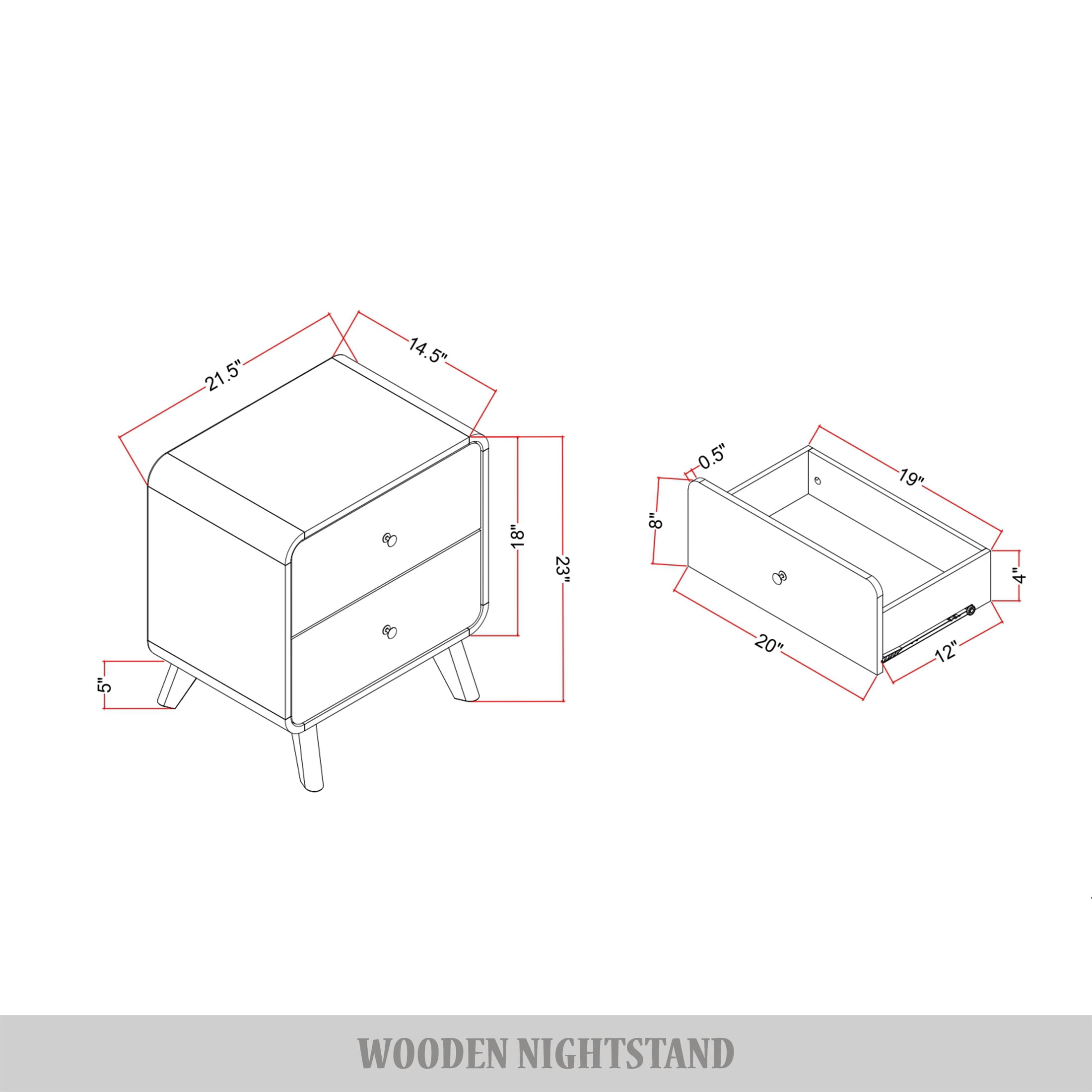 Castle Place Mid-Century 2 Drawer Wooden Nightstand, Natural