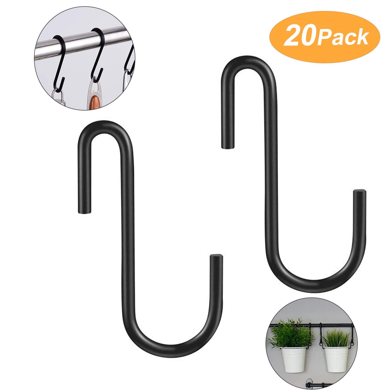 S Hooks, 20 Pack Black Carbon Steel S Shaped Hooks for Kitchen