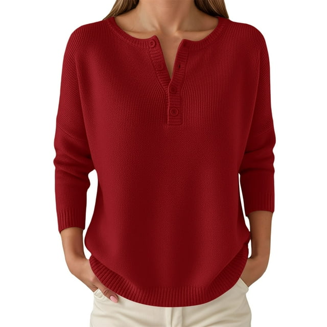 GPOECD Women's Knitted Button Front V-Neck Pullover Sweater for Plus Size and Womens Cardigan Sweaters Red,M