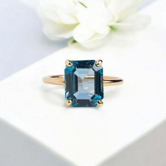 DBESTSTUDIOS 8x11 MM / Large Emerald Cut Blue Topaz Solitaire Ring London Blue Topaz Wedding Ring Rose Gold Bridal Ring November Birthstone Anniversary Gifts