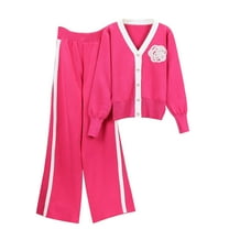 Odeerbi Winter V Neck Knit Sweater Sets Women 2 Piece Cotton Clothing Set 2025 Casual Long Sleeve Sweater Sets Stripe Tops Long Pants Suits Hot Pink