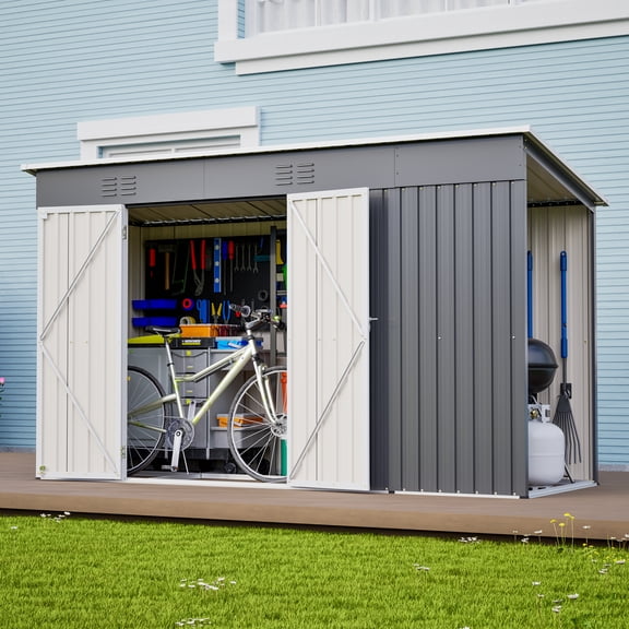 Leumius 10x4Ft Outdoor Metal Storage Shed with Lockable Door with Floor Frame for Patio Backyard Garden Gray