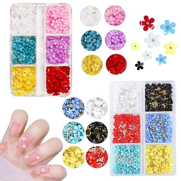 3D Flower Nail Charms, 2 Boxes of Manicure Flower Water Turn Black, White and Pink Cherry Blossom Acrylic Manicure Supplies, DIY Nail Decorations