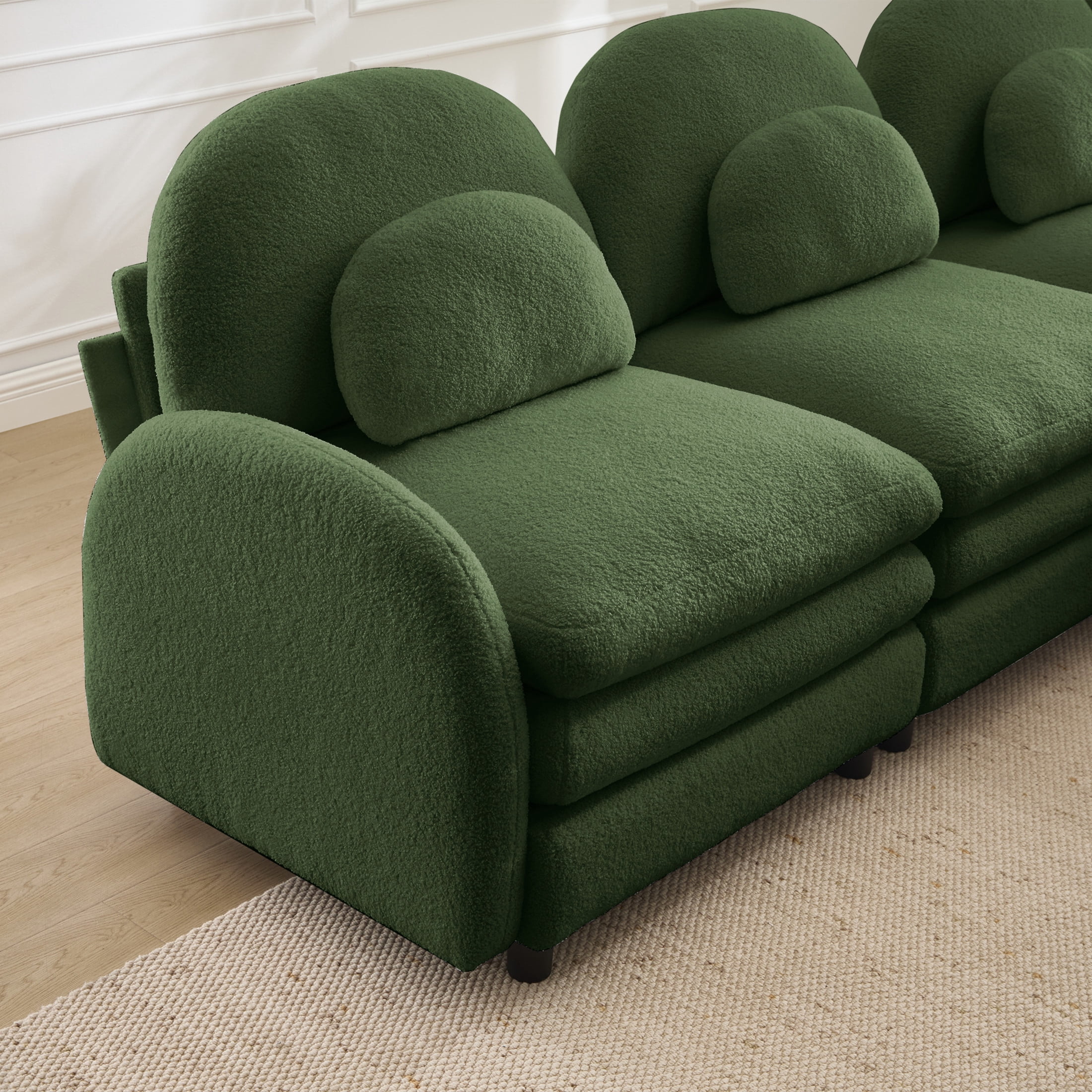 Noble House Windsor Teddy Fabric 4-Seater Sectional Sofa, Modular Cloud Couch with Ottoman and Lumbar Pillows, Green