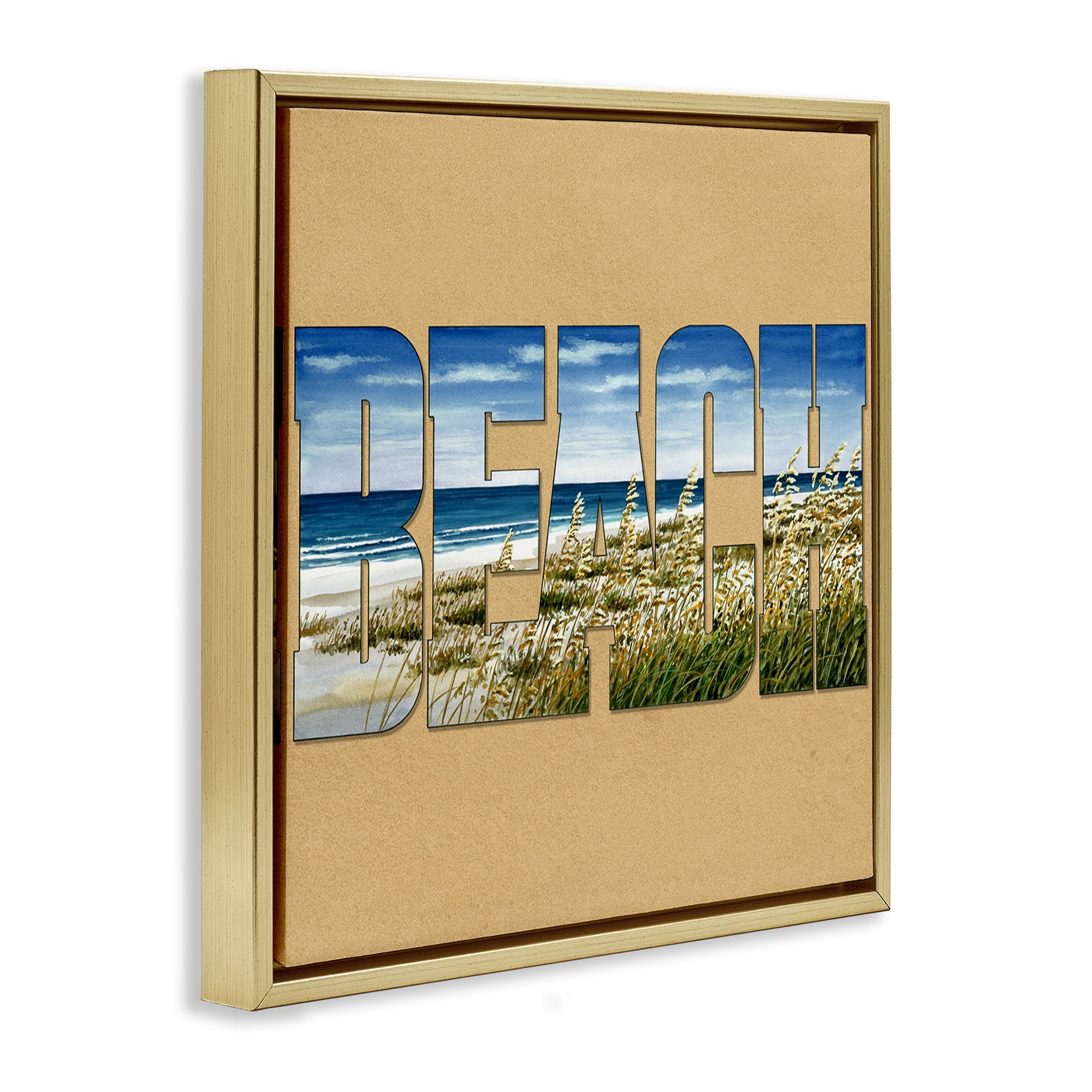 Stupell Industries Grassy Beach View Letters Nautical & Beach Painting Gold Floater Framed Canvas Art Print Wall Art, 25 x 25