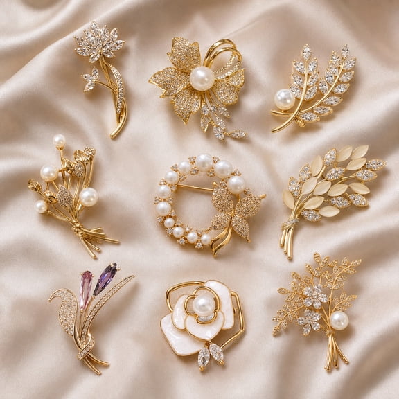 9 Pcs Pearl Rhinestone Brooch Set for Women, Elegant Floral Brooch Pins Gold White Alloy, Decorative Fashion Brooches for Dress Coat Scarf Wedding Party Daily Outfit Accessories