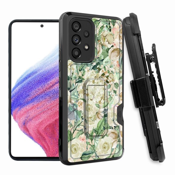 ANJ  Rugged Shockproof Hoster Case w/Card Slot, Kickstand   Tempered Glass Cover for Samsung Galaxy A33 5G - Watercolor Flowers