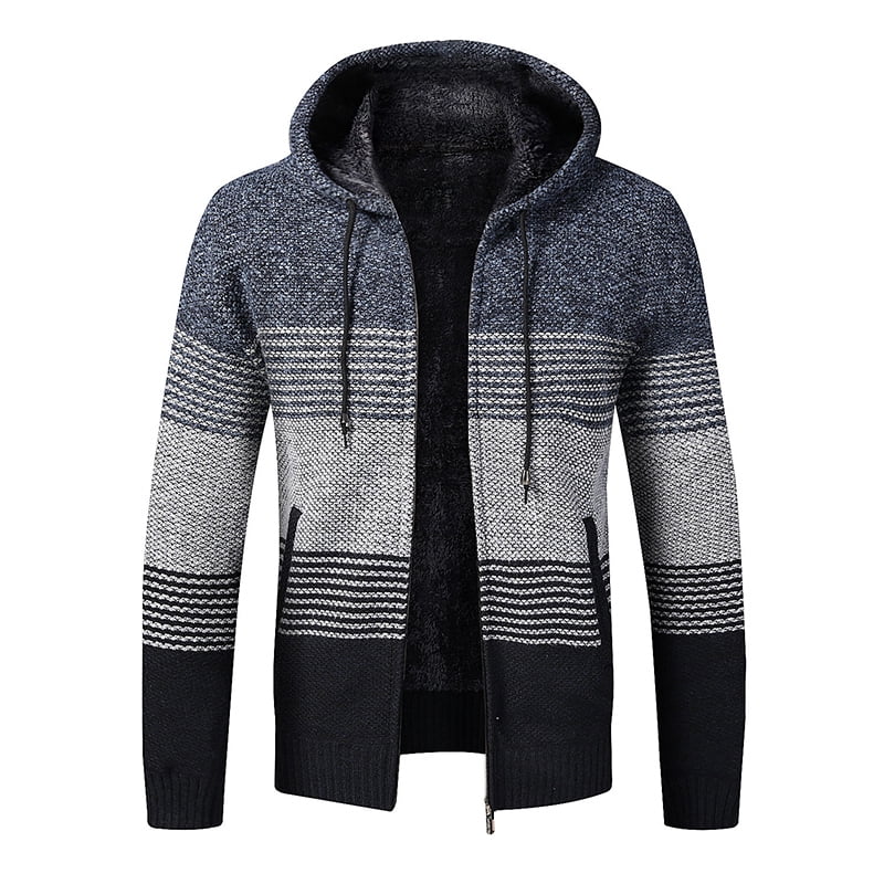 Men's Knitted Jacket Stand Collar Full-Zip Hooded Fleece Sweatshirt ...