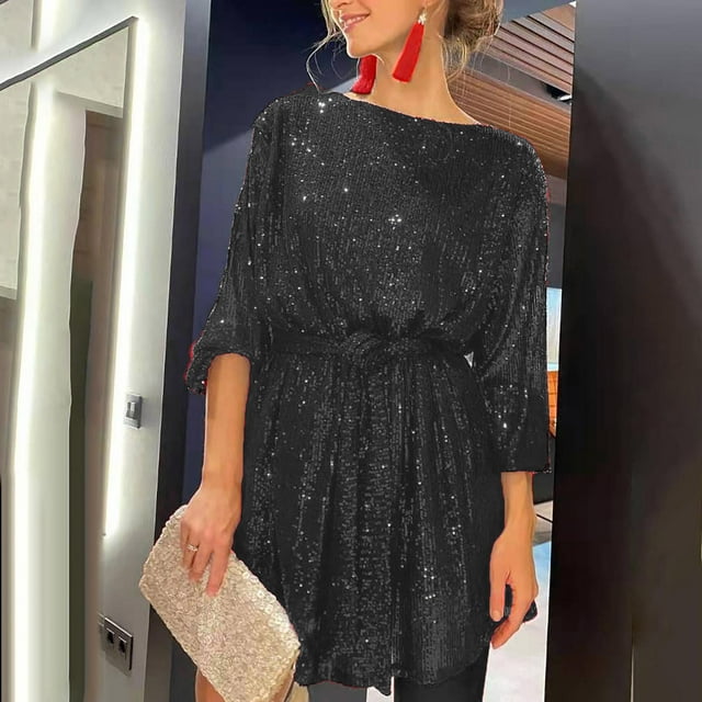 EGNMCR Robes de Soirée pour Femmes, Robes Formelles pour Femmes, Robes de Cocktail pour Femmes Mode pour Femmes Col Rond à Paillettes Manches Longues Robe Courte Unie Robe Formelle Robe Femme
