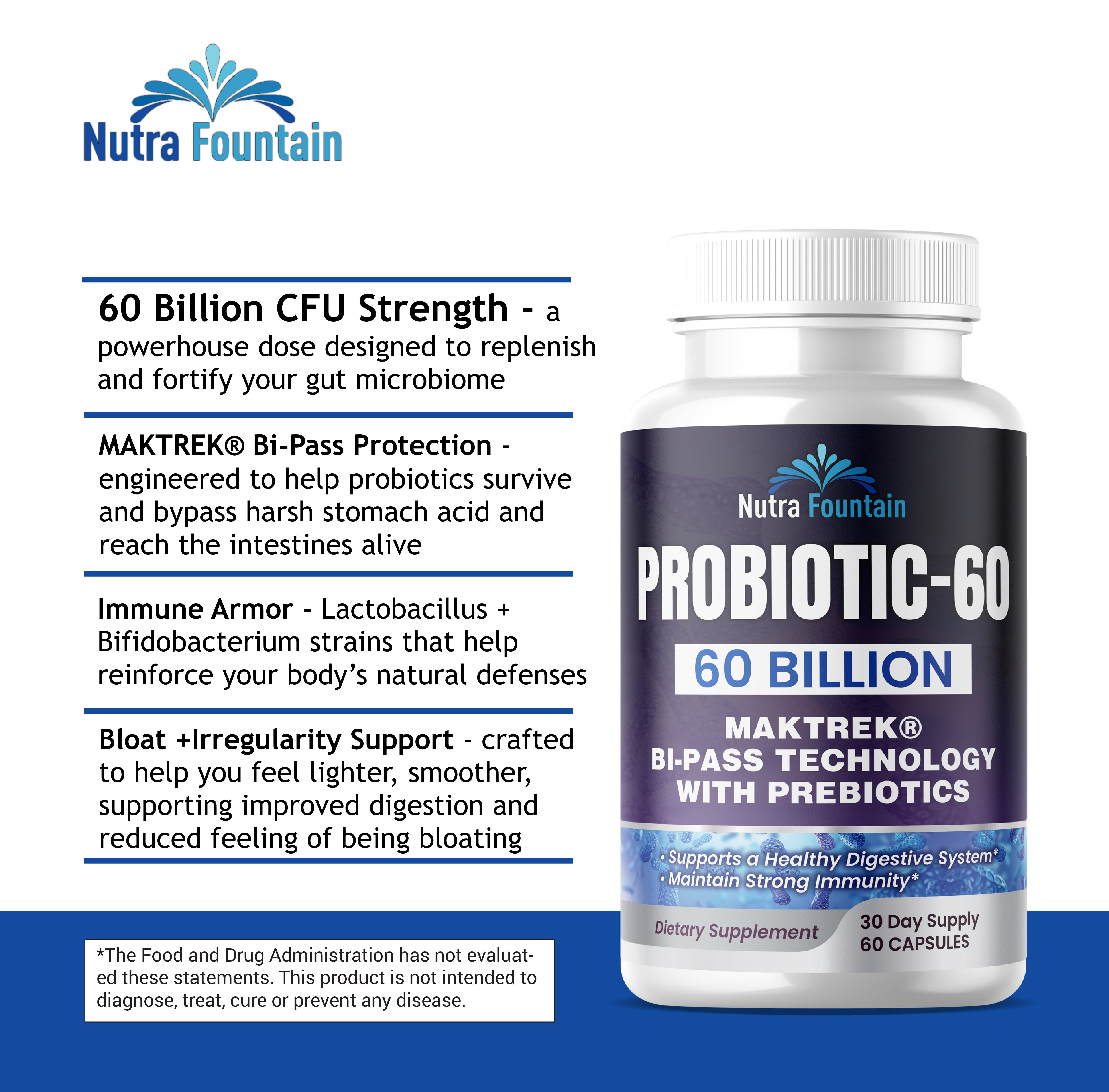 Probiotic 60 Billion CFU - MAKTREK B-Pass Technology with Prebiotics - 6- Capsules