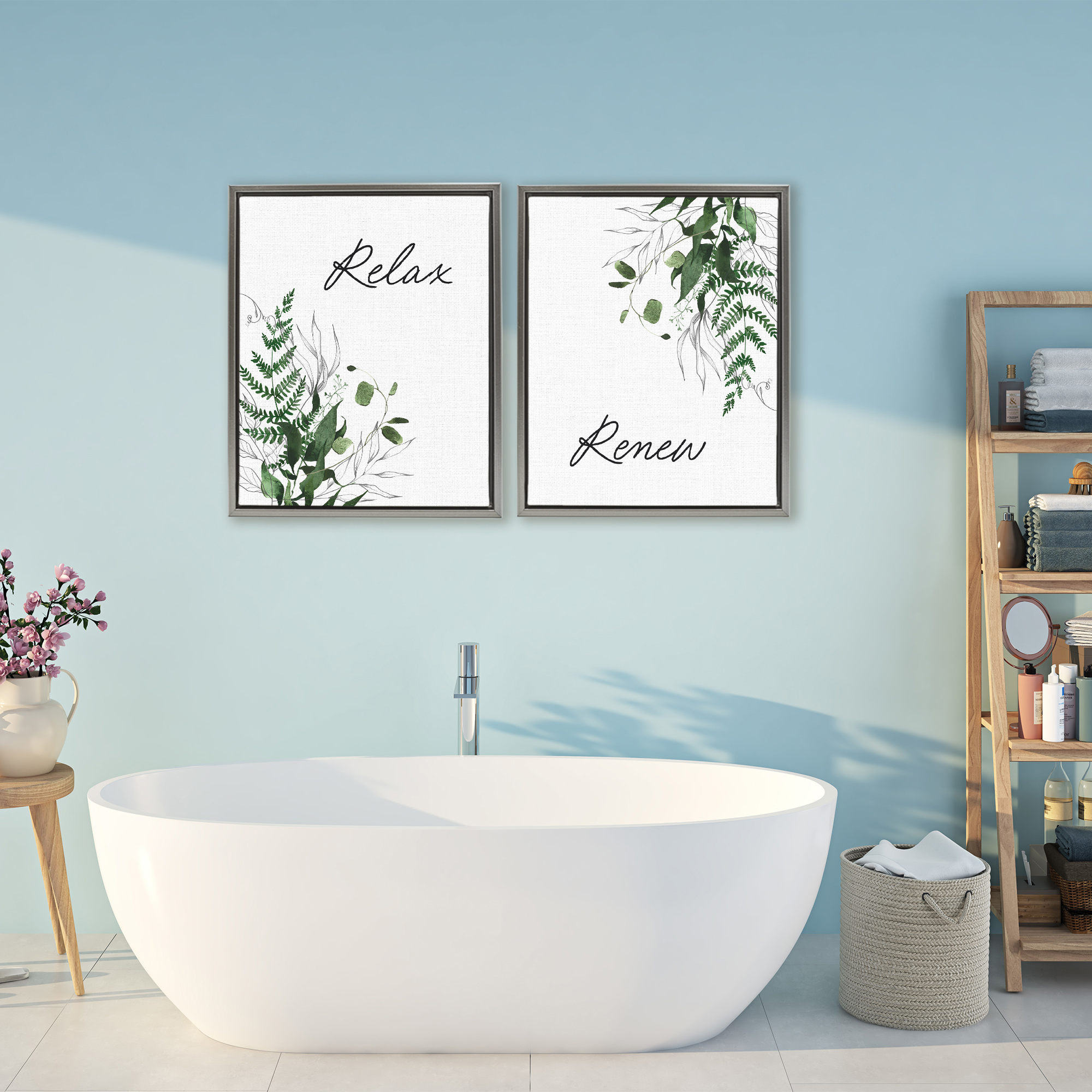 Relax Renew Botanical Leaves 2 Piece Gray Framed Floater Canvas Set, design by Lettered and Lined