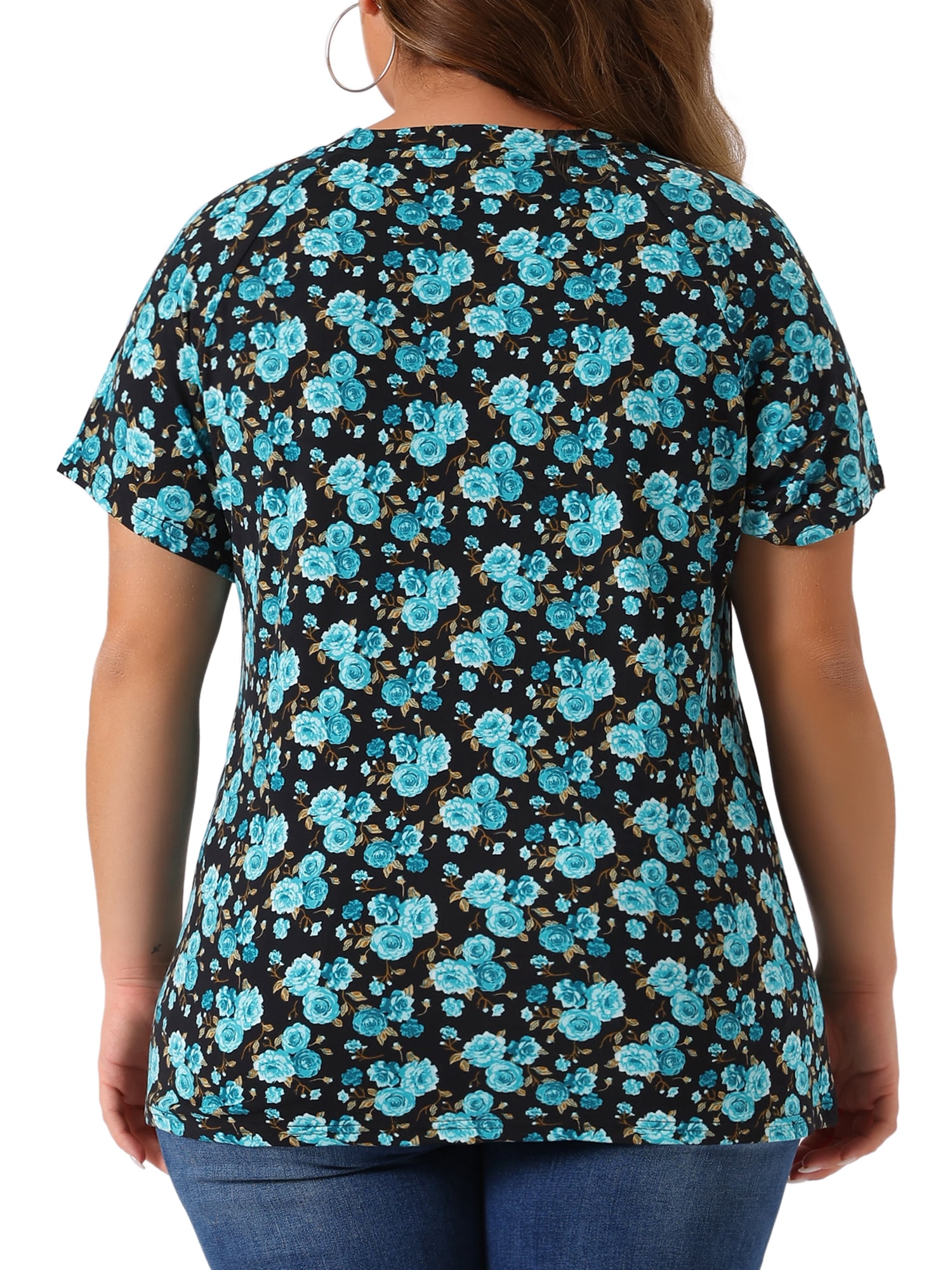 Women's Plus Summer Casual Floral Top Blouse Round Neck Short Sleeve Tee 3X Blue