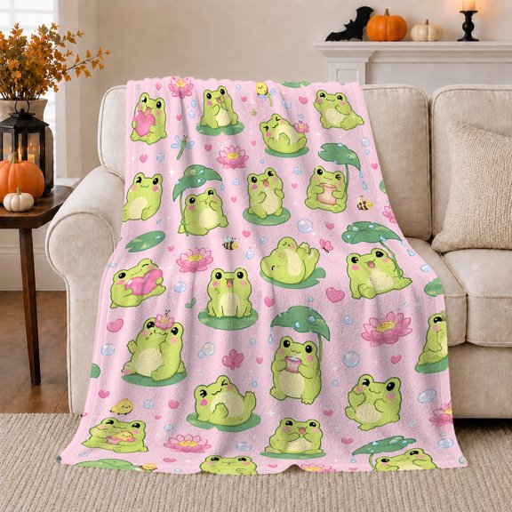 Adorable Frogs Playing Lily Pads, Playful Botanical Garden Scene, Warm Flannel Blanket for Sunroom and Reading Nook, Garden Lovers Valentine's Day Gift, Playful Home Decor