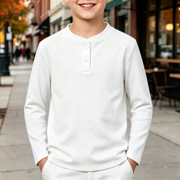 Resicozy Boys Long Sleeve Henley Shirt for Kids, Casual Solid Color, Fall Winter Clothes 2-12 Years White 130