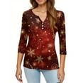 thumbnail image 5 of WTOBBY Women's Christmas Snowflake Tree Print V-Neck Decorative Button 3/4 Sleeve T-Shirt, Ladies Holiday Fashion Top for Seasonal Wear, Comfortable Casual Blouse,Deep Red XL, 5 of 5