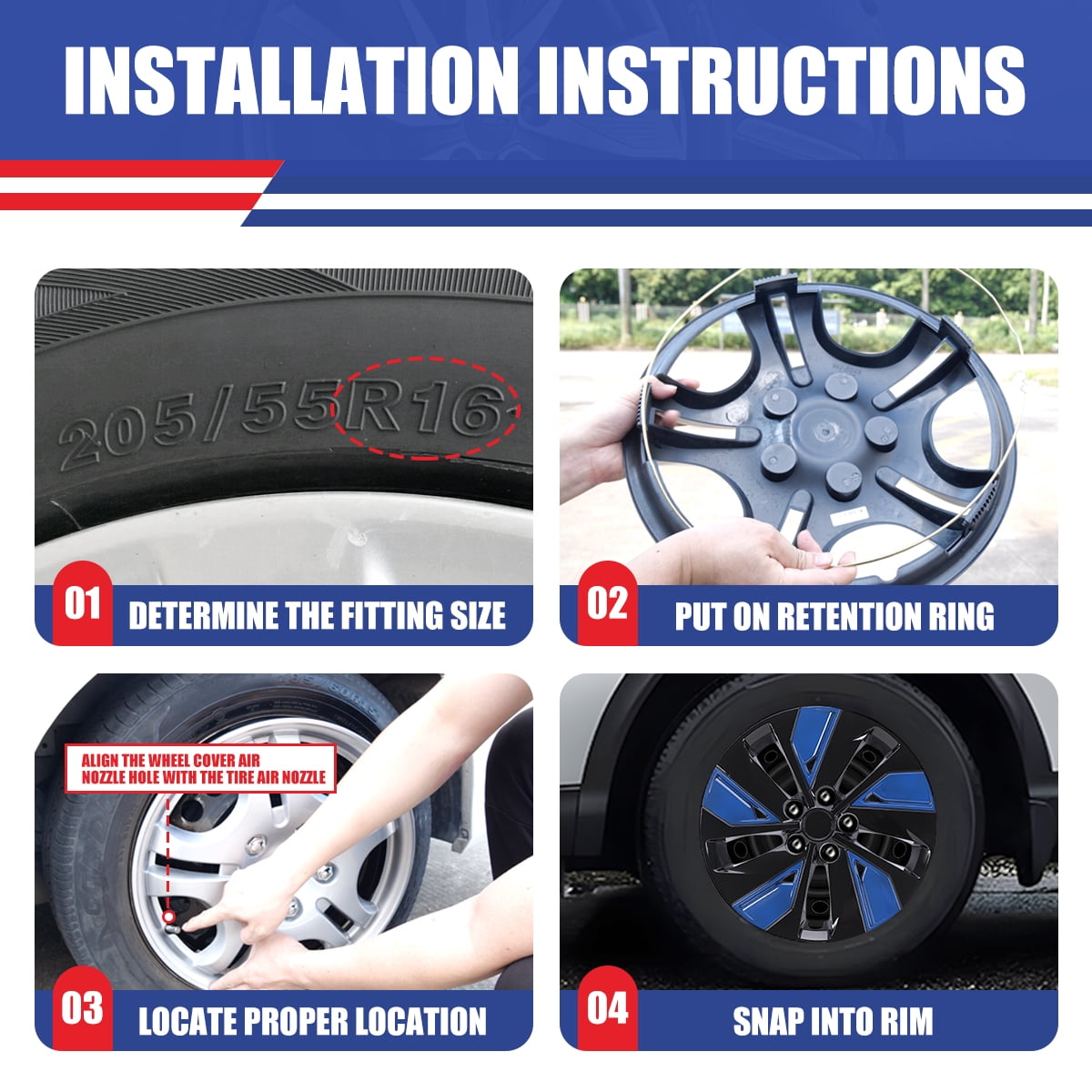 16" Hubcaps for 2019-2025 Nissan Altima,Snap on Design Set of 4 Wheel Rim Covers Compatible with Steel Wheels,ABS+PC Hubcaps,Black Lacquer & Blue Lacquer