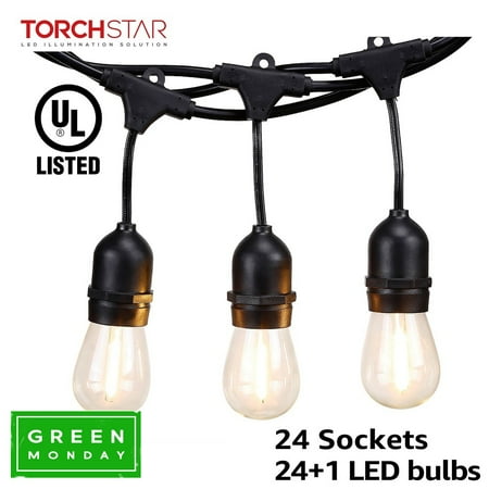 Outdoor Led Lights String TORCHSTAR 48ft 24 Sockets Outdoor Commercial LED String Lights for Black Friday, 25 Bulbs Included ()