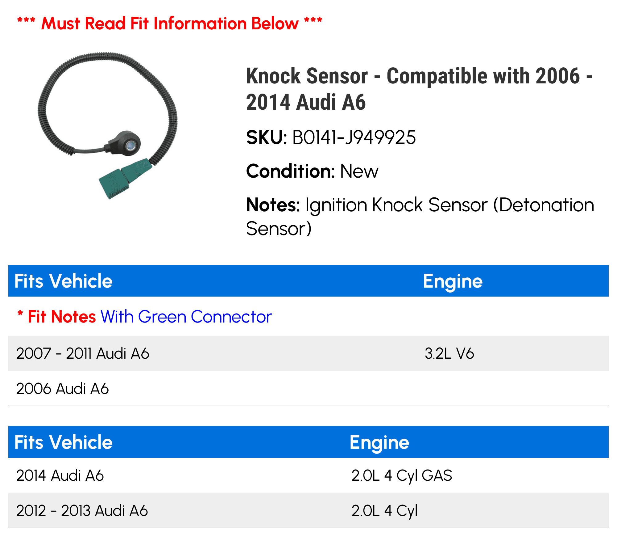 Knock Sensor - Compatible with 2006 - 2014 Audi A6 2007 2008 2009 2010 2011 2012 2013