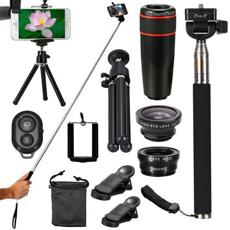Portable Tripod Pull All-IN-1 Portable Phone Camera Lens Travel Kit, 8X/12X Telescope+Fisheye+Wide Angle+Macro Telephoto Lens with Mini Tripod & Selfie Stick Monopod for Vlogging ()