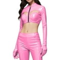 thumbnail image 3 of YiZYiF Women's PU Leather Long Sleeve Crop Top Front Zipper Short Blouse Bolero Shrug Clubwear Hot Pink XL, 3 of 6