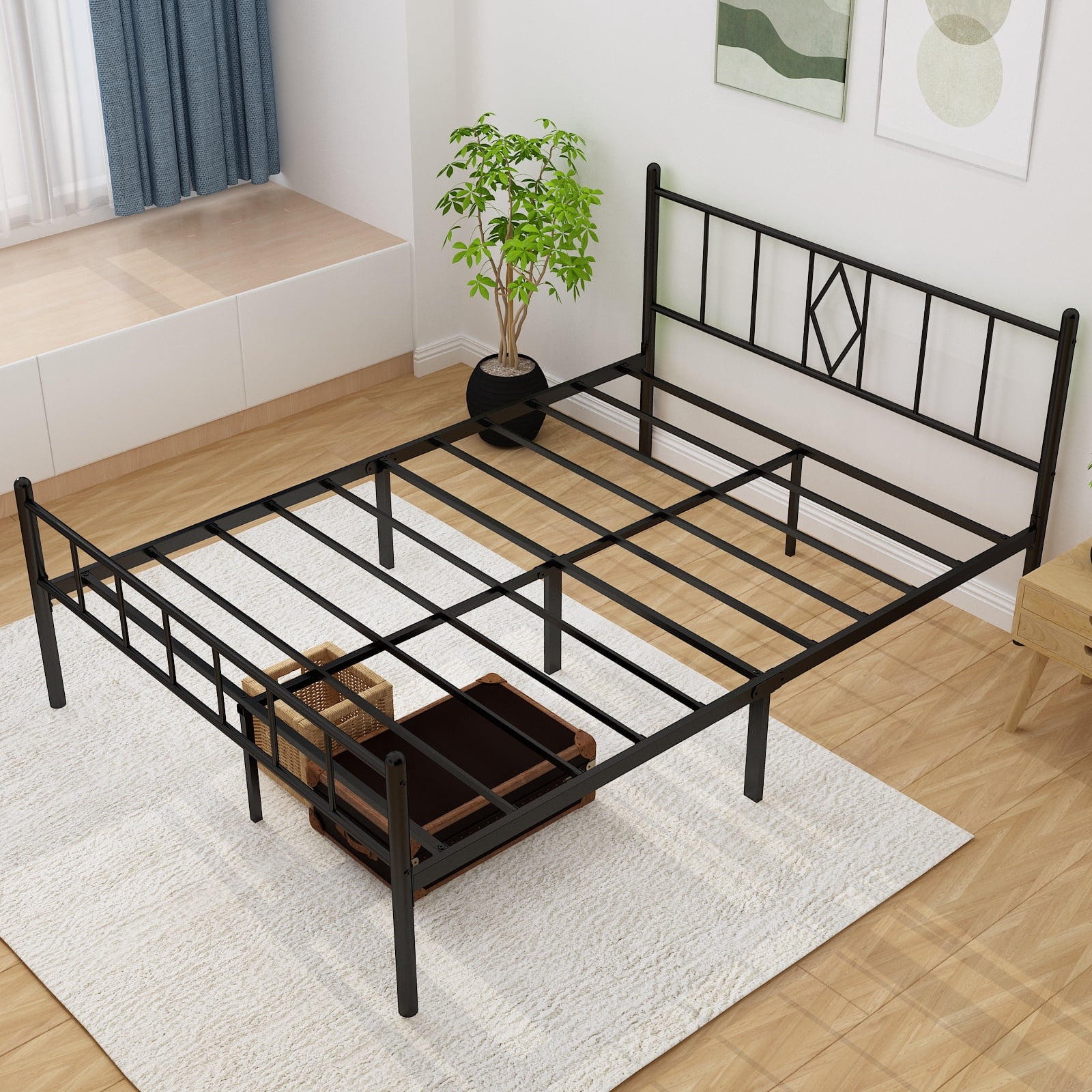 MAYEERTY 14" Black Metal Platform Full Bed Frame - With Headboard, Sturdy for Living Room Guests