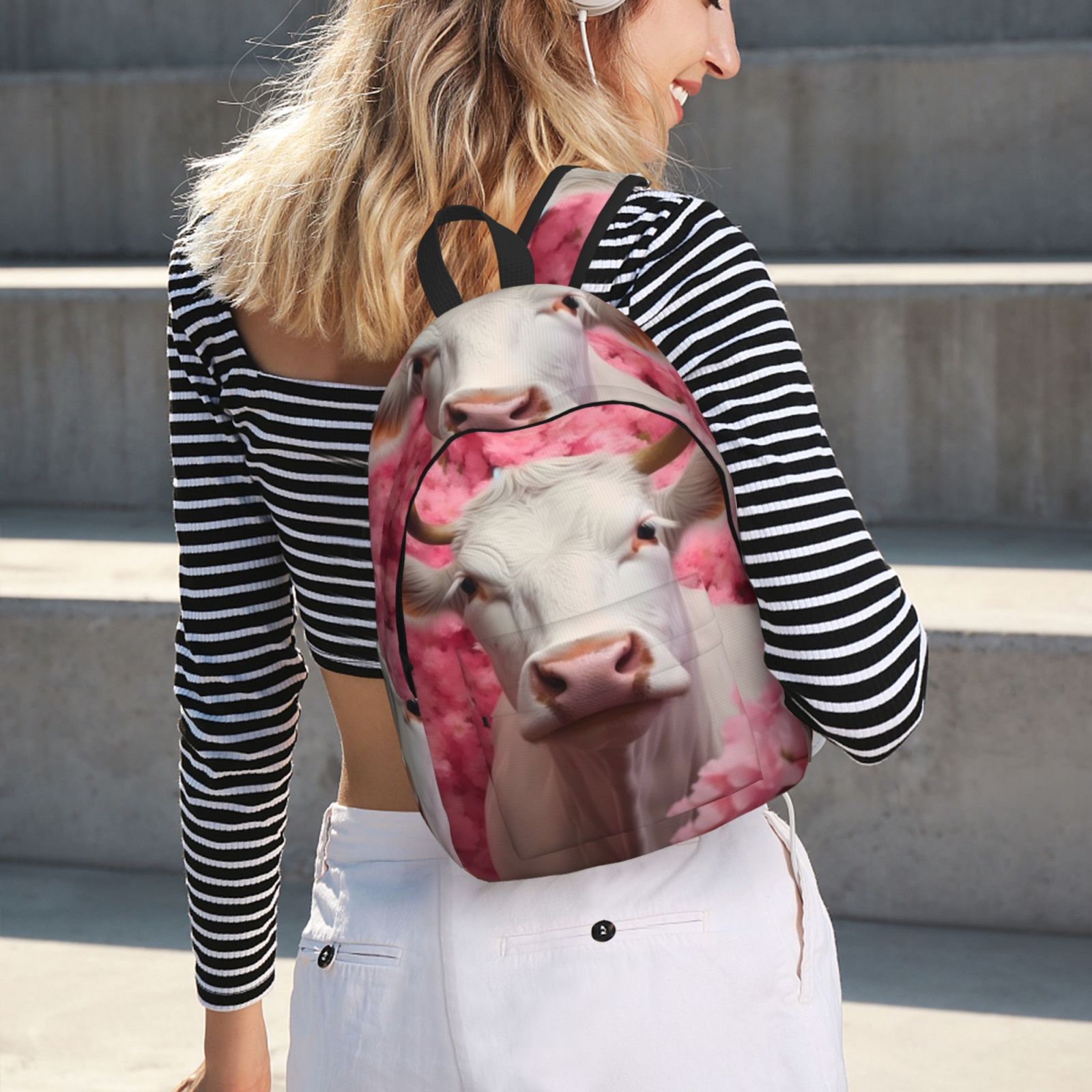 Vsdgher Flower White Cow Print Canvas Backpack Travel Rucksack Unisex Knapsack 15.7/17.7Inch Laptop Backpack for Work,College -Medium