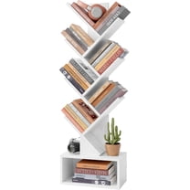 6 Tier Tree Bookshelf, Tall Bookcase with Drawer, Freestanding Book Shelf, Display Floor Standing Storage Shelf, Book Organizer Shelves for Home Office, Living Room, Bedroom, White