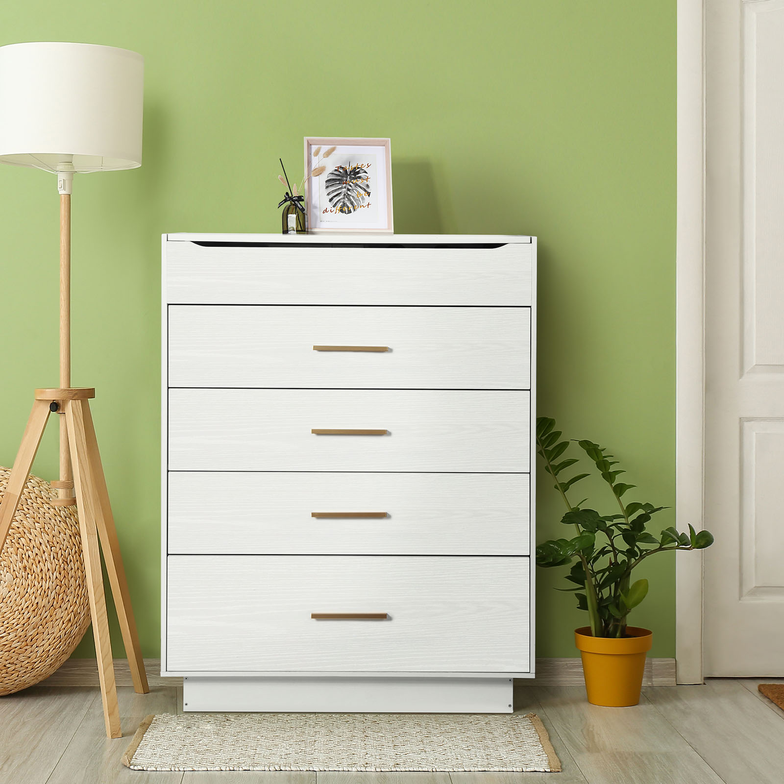 Oumilen 5 Drawer Wood Lift Top Dresser with Inside Mirror, White