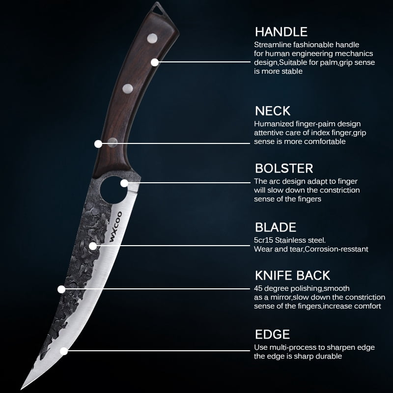 Hand Forged Boning Knife with Brown Wood Handle, High Carbon Steel Butcher Knife with Leather Sheath, Ultra Sharp Full Tang Meat Cleaver for Kitchen & Outdoor Use