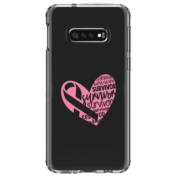 DistinctInk Clear Shockproof Hybrid Case for Samsung Galaxy S10e (5.8" Screen) - TPU Bumper Acrylic Back Tempered Glass Screen Protector - Pink Ribbon Cancer - Survivor Heart