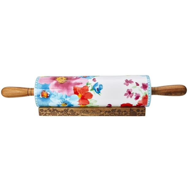The Pioneer Woman Ceramic Rolling Pin with Acacia Wood Handles and Base