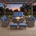 thumbnail image 2 of Patiobula Patio Furniture Set with Propane Fire Pit Table, 10 Pieces Outdoor Sectional Couch, Brown Wicker Rattan Conversation Loveseat Glider with Swivel Chair Ottomans for Backyard Deck, Navy, 2 of 15