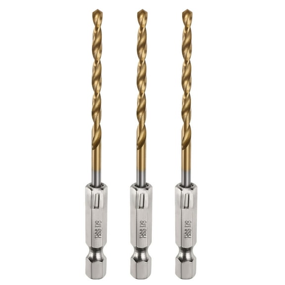 Uxcell 3pack Hex Shank Drill Bit 1/8" M35 High Speed Steel Titanium Coated Twist Drill Bit 90mm Long with 1/4" Shank