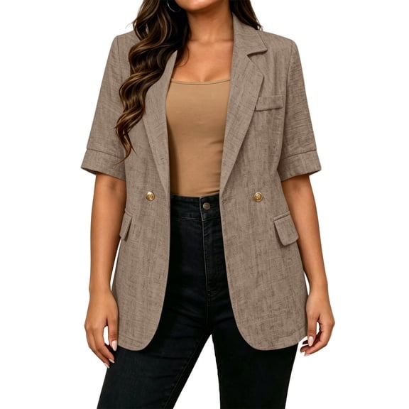 Avirosel Women's Short Sleeve Blazer Jacket Casual Solid Collared Soft Polyester Lightweight Dressy Suit Jacket for Work Business Wear Khaki