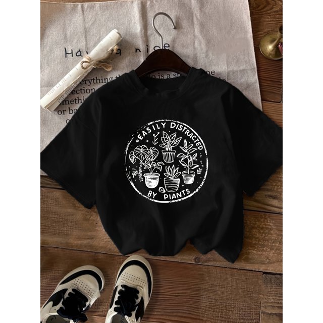 Women's Casual Crew Neck T-Shirt with Plant Alphabet Graphic, Cotton Knit Fabric with Elastane, Summer Regular Length Tee