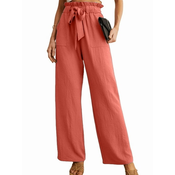 Women'S Wide Leg Pants with Pockets High Waist Adjustable Knot Loose Casual Trousers Business Work Pants Red XXL