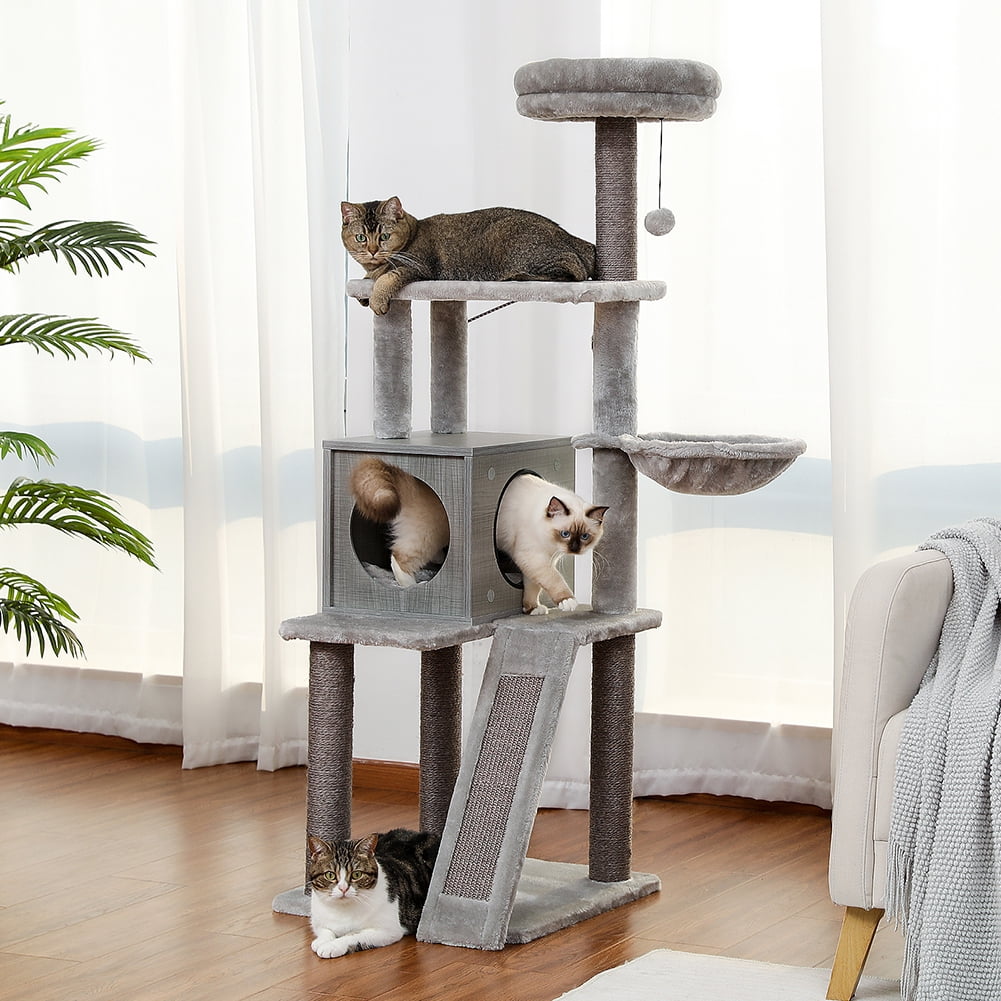 Kadyn Wooden Cat Tree Tower, Cat Condo Play House for Large Cats Featuring, Modern Cat Tree Condo with Fully Scratching Posts, Hammock, Padded Perch and Dangling Ball, Gray Kadyn Wooden Cat Tree Tower, Cat Condo Play House for Large Cats Featuring, Modern Cat Tree Condo with Fully Scratching Posts, Hammock, Padded Perch and Dangling Ball, Gray